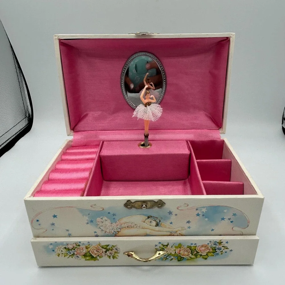 Vintage 1986 Lillian Vernon Ballerina Musical Jewelry Box Pink White Stars 8in